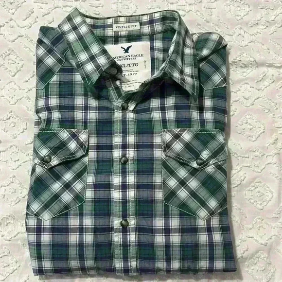 American Eagle Vintage Fit Men's Pearl Snap Button Down Plaid Shirt. Size XXL - Picture 9 of 9